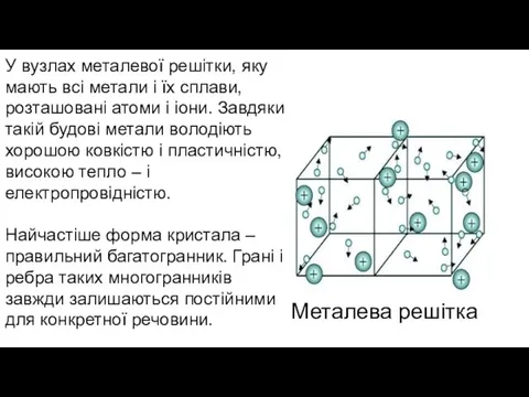 У вузлах металевої решітки, яку мають всі метали і їх сплави,