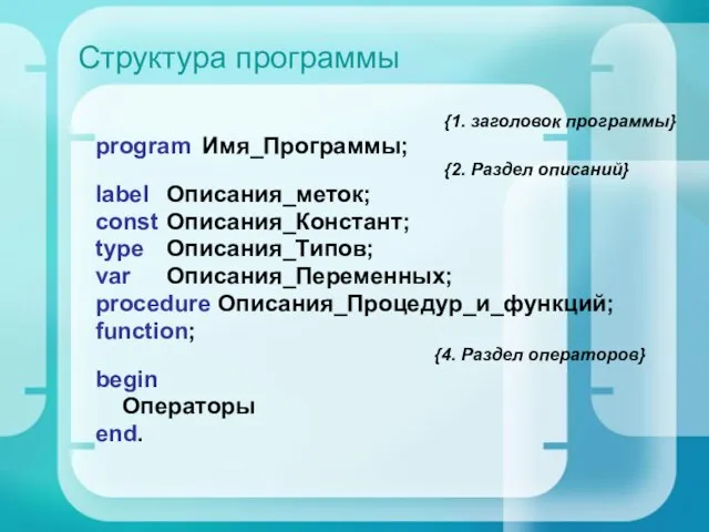 Структура программы {1. заголовок программы} program Имя_Программы; {2. Раздел описаний} label