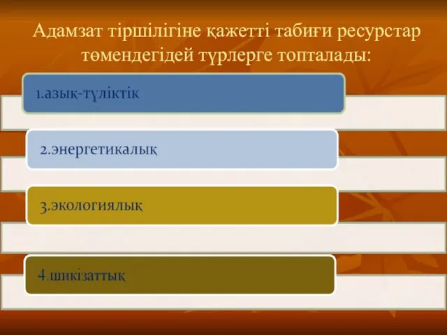 Адамзат тіршілігіне қажетті табиғи ресурстар төмендегідей түрлерге топталады: