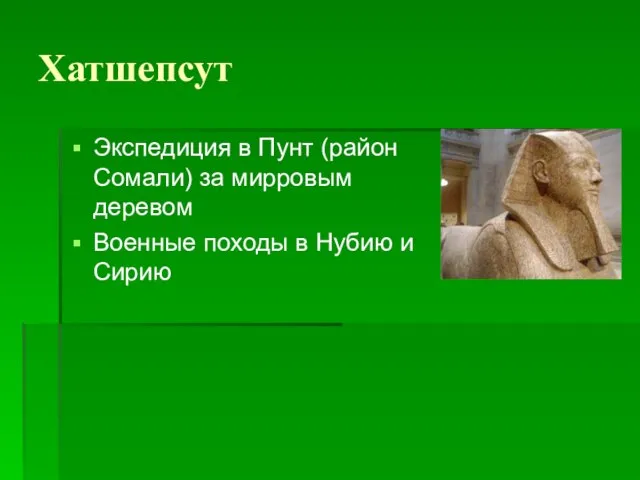 Хатшепсут Экспедиция в Пунт (район Сомали) за мирровым деревом Военные походы в Нубию и Сирию