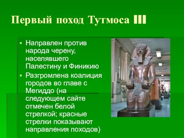 Первый поход Тутмоса III Направлен против народа черену, населявшего Палестину и