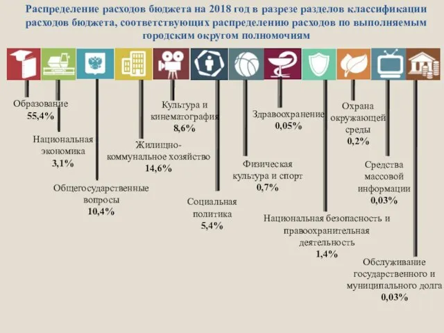 Образование 55,4% Национальная экономика 3,1% Общегосударственные вопросы 10,4% Здравоохранение 0,05% Жилищно-коммунальное