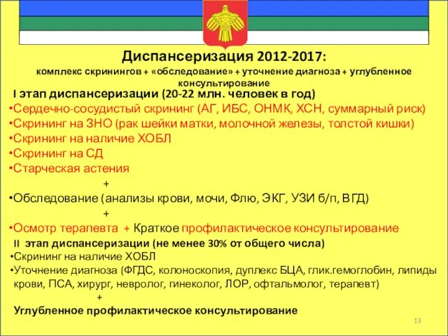 Общая смертность 11 065 чел. 10 644 чел. Диспансеризация 2012-2017: комплекс