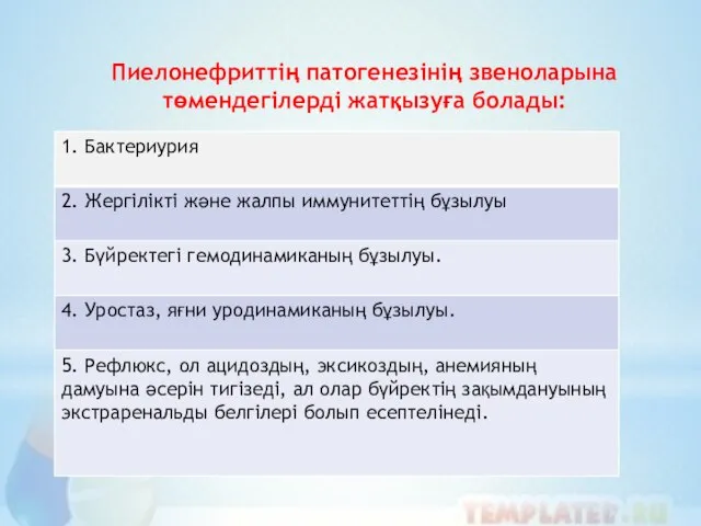 Пиелонефриттің патогенезінің звеноларына төмендегілерді жатқызуға болады: