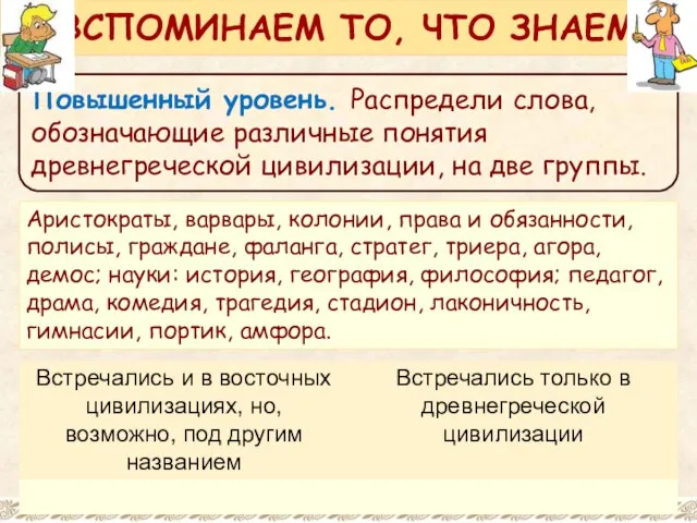 Повышенный уровень. Распредели слова, обозначающие различные понятия древнегреческой цивилизации, на две