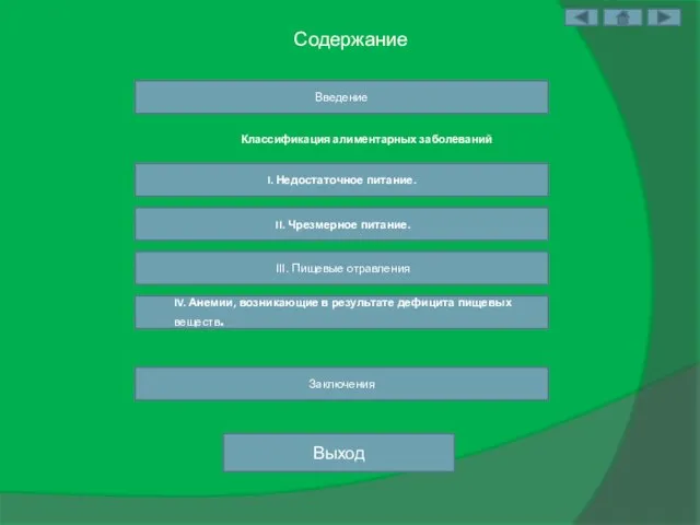 Содержание Введение Заключения Классификация алиментарных заболеваний I. Недостаточное питание. II. Чрезмерное