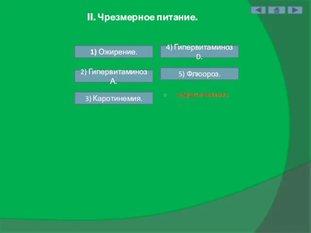 II. Чрезмерное питание. 6) Другие болезни. 1) Ожирение. 2) Гипервитаминоз А.