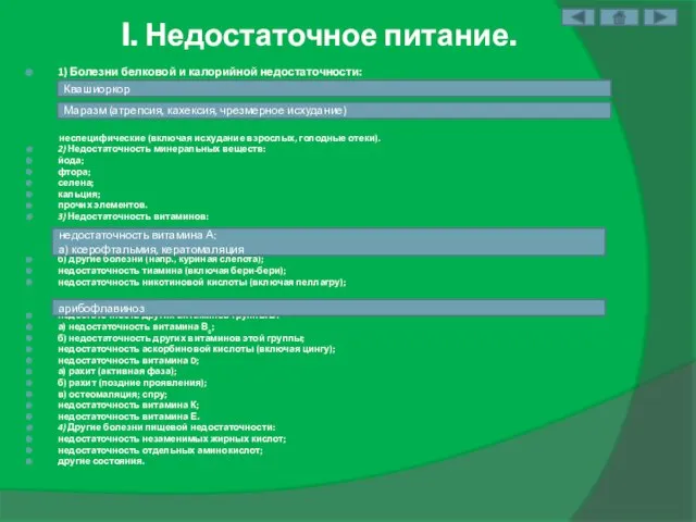 I. Недостаточное питание. 1) Болезни белковой и калорийной недостаточности: неспецифические (включая