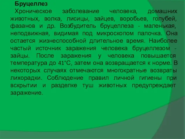 Бруцеллез Хроническое заболевание человека, домашних животных, волка, лисицы, зайцев, воробьев, голубей,