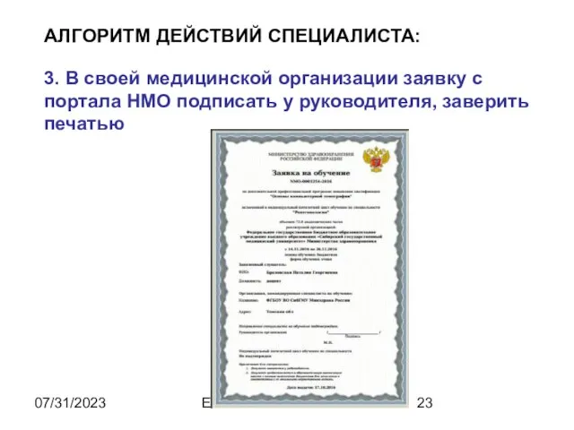 07/31/2023 Ельчанинова С.А. АЛГОРИТМ ДЕЙСТВИЙ СПЕЦИАЛИСТА: 3. В своей медицинской организации