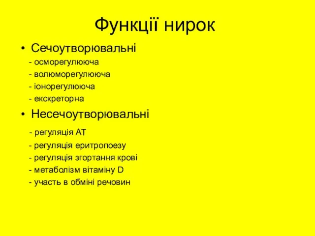 Функції нирок Сечоутворювальні - осморегулююча - волюморегулююча - іонорегулююча - екскреторна