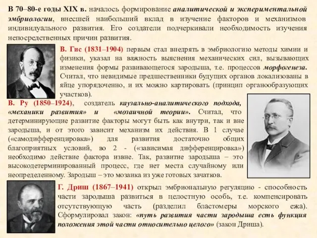 В 70–80-е годы XIX в. началось формирование аналитической и экспериментальной эмбриологии,