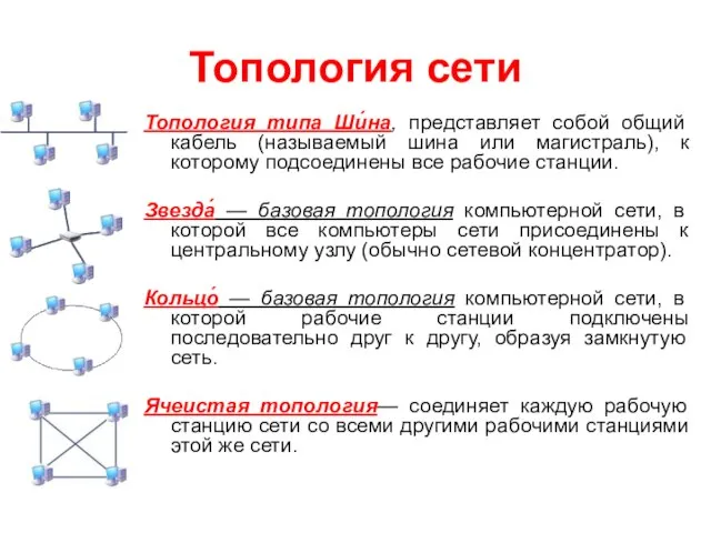Топология сети Топология типа Ши́на, представляет собой общий кабель (называемый шина