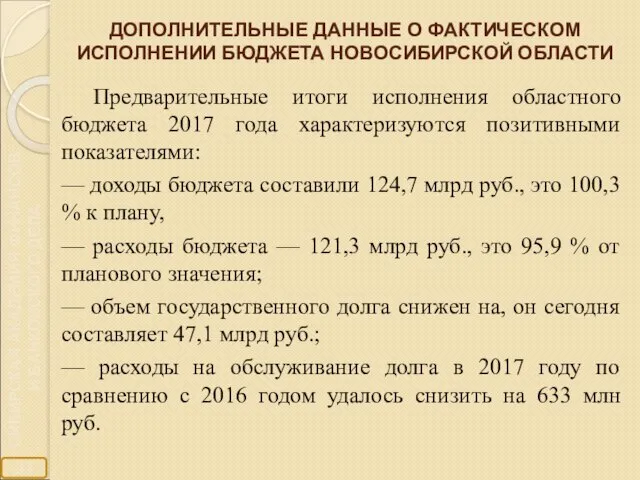 ДОПОЛНИТЕЛЬНЫЕ ДАННЫЕ О ФАКТИЧЕСКОМ ИСПОЛНЕНИИ БЮДЖЕТА НОВОСИБИРСКОЙ ОБЛАСТИ Предварительные итоги исполнения