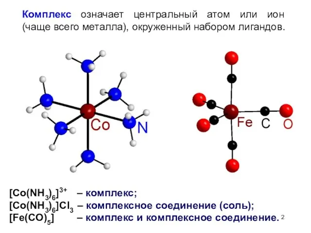 [Co(NH3)6]3+ – комплекс; [Co(NH3)6]Cl3 – комплексное соединение (соль); [Fe(CO)5] – комплекс