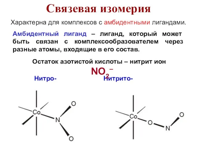 Характерна для комплексов с амбидентными лигандами. Амбидентный лиганд – лиганд, который