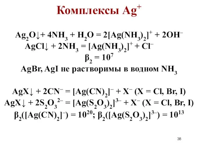 Комплексы Ag+ Ag2O↓+ 4NH3 + H2O = 2[Ag(NH3)2]+ + 2OH– AgCl↓