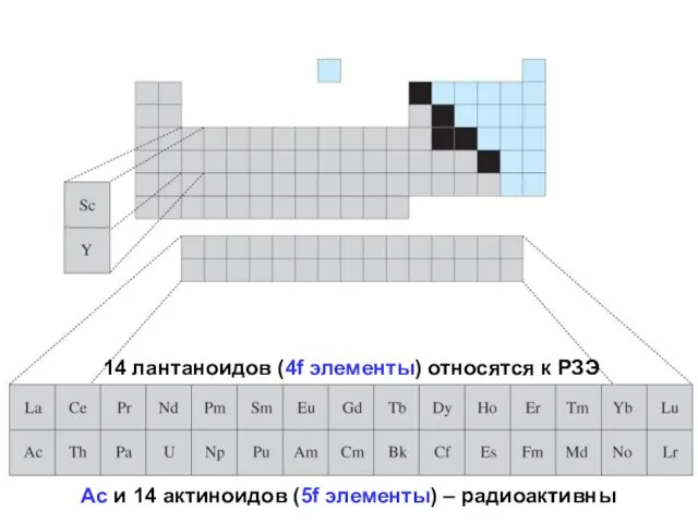 14 лантаноидов (4f элементы) относятся к РЗЭ Ac и 14 актиноидов (5f элементы) – радиоактивны