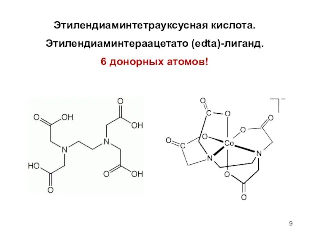 Этилендиаминтетрауксусная кислота. Этилендиаминтераацетато (edta)-лиганд. 6 донорных атомов!