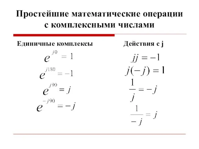 Простейшие математические операции с комплексными числами Единичные комплексы Действия с j