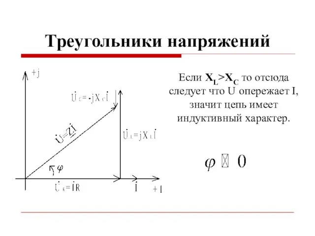 Треугольники напряжений Если XL>XC то отсюда следует что U опережает I, значит цепь имеет индуктивный характер.