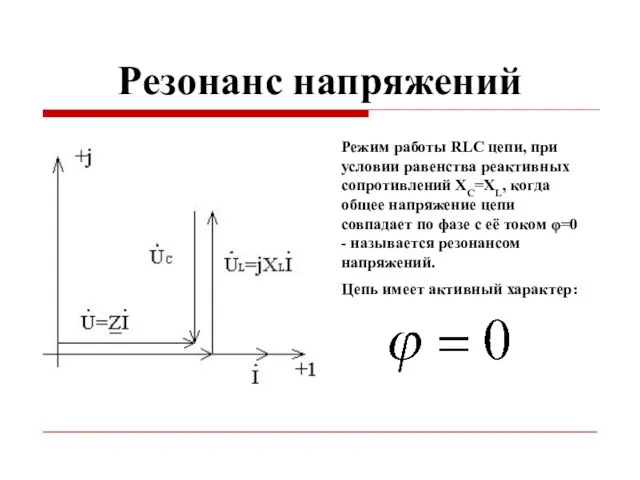 Резонанс напряжений Режим работы RLC цепи, при условии равенства реактивных сопротивлений