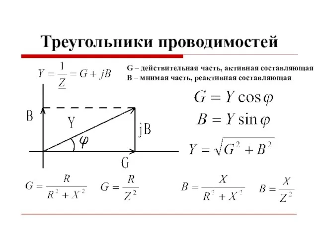 Треугольники проводимостей G – действительная часть, активная составляющая B – мнимая часть, реактивная составляющая