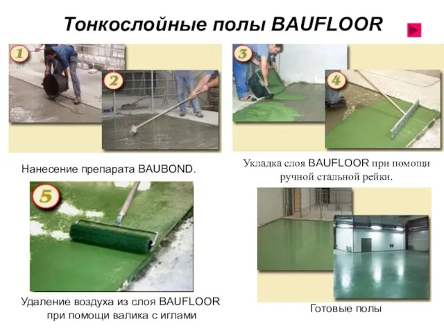 Тонкослойные полы BAUFLOOR Укладка слоя BAUFLOOR при помощи ручной стальной рейки.