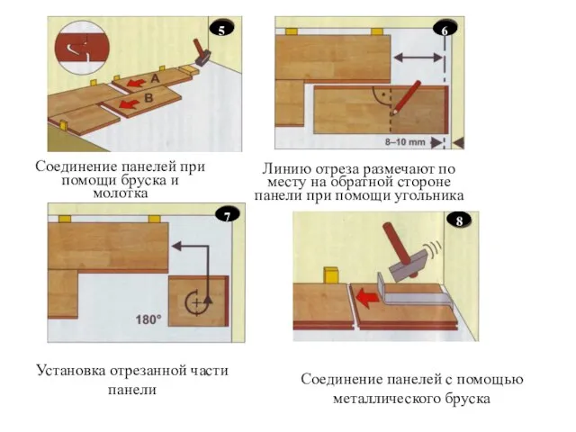 5 6 Соединение панелей при помощи бруска и молотка Линию отреза