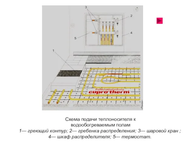 Схема подачи теплоносителя к водообогреваемым полам 1— греющий контур; 2— гребенка