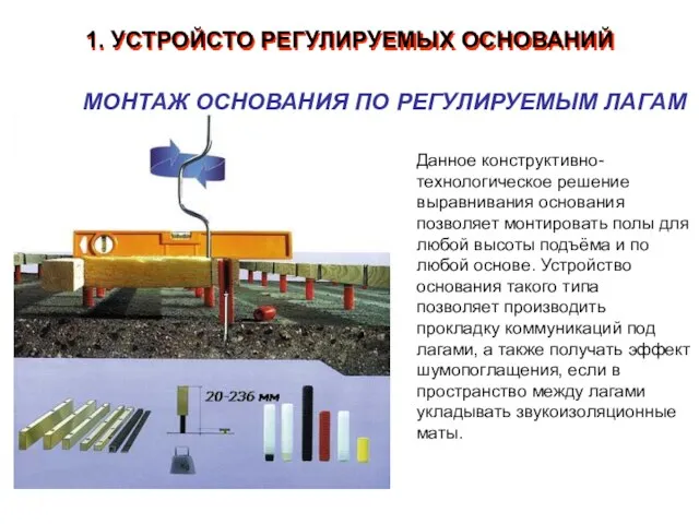 1. УСТРОЙСТО РЕГУЛИРУЕМЫХ ОСНОВАНИЙ МОНТАЖ ОСНОВАНИЯ ПО РЕГУЛИРУЕМЫМ ЛАГАМ Данное конструктивно-технологическое