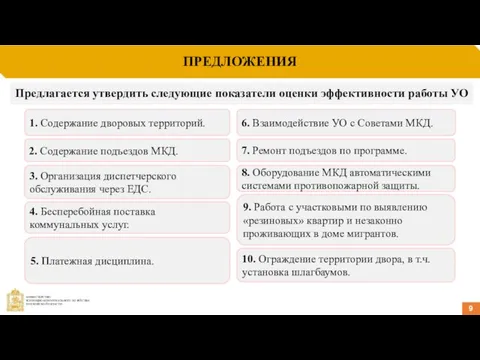 ПРЕДЛОЖЕНИЯ 9 Предлагается утвердить следующие показатели оценки эффективности работы УО 1.