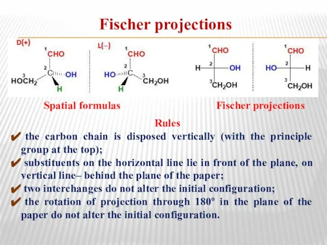Fischer projections Spatial formulas Fischer projections Rules the carbon chain is