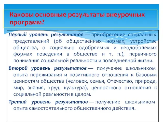 Каковы основные результаты внеурочных программ? Первый уровень результатов — приобретение социальных