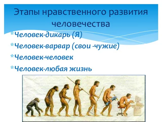 Этапы нравственного развития человечества Человек-дикарь (Я) Человек-варвар (свои -чужие) Человек-человек Человек-любая жизнь