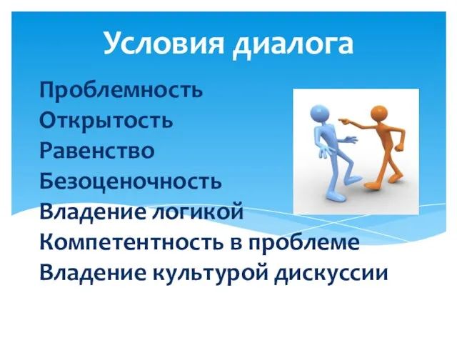 Проблемность Открытость Равенство Безоценочность Владение логикой Компетентность в проблеме Владение культурой дискуссии Условия диалога