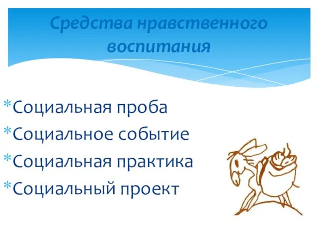 Средства нравственного воспитания Социальная проба Социальное событие Социальная практика Социальный проект