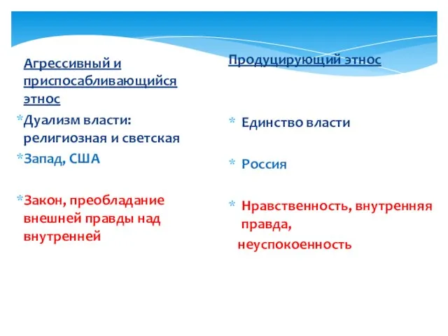 Агрессивный и приспосабливающийся этнос Дуализм власти: религиозная и светская Запад, США