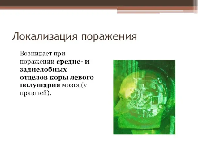 Локализация поражения Возникает при поражении средне- и заднелобных отделов коры левого полушария мозга (у правшей).