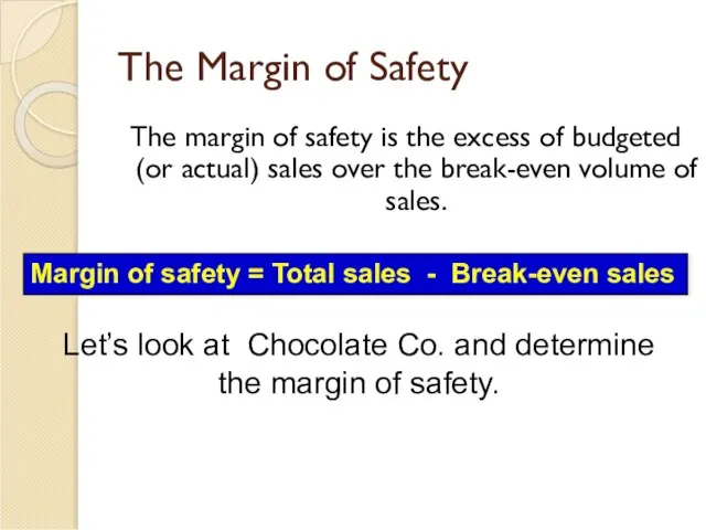 The Margin of Safety The margin of safety is the excess