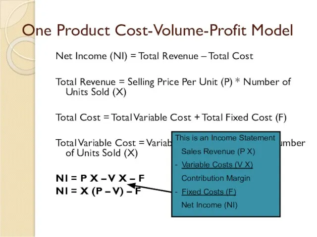 One Product Cost-Volume-Profit Model Net Income (NI) = Total Revenue –