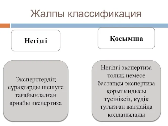 Жалпы классификация Негізгі Қосымша Эксперттердің сұрақтарды шешуге тағайындалған арнайы экспертиза Негізгі