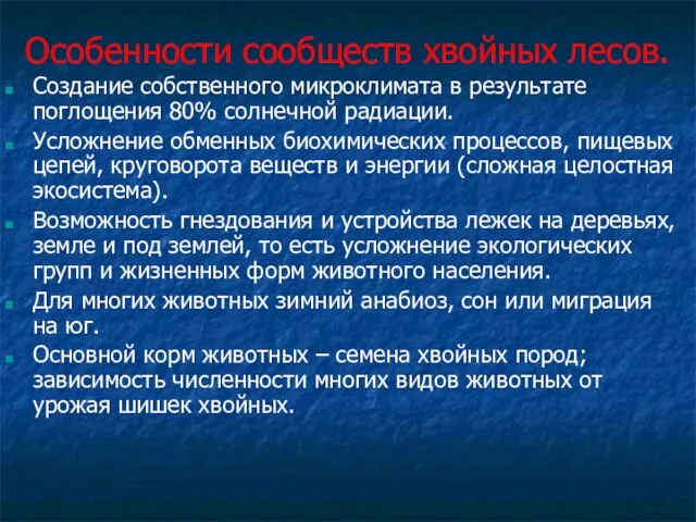 Особенности сообществ хвойных лесов. Создание собственного микроклимата в результате поглощения 80%