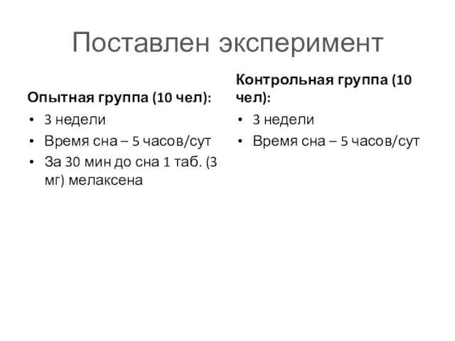 Поставлен эксперимент Опытная группа (10 чел): 3 недели Время сна –