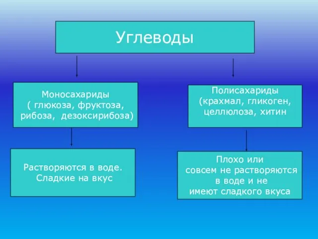 Углеводы Моносахариды ( глюкоза, фруктоза, рибоза, дезоксирибоза) Полисахариды (крахмал, гликоген, целлюлоза,