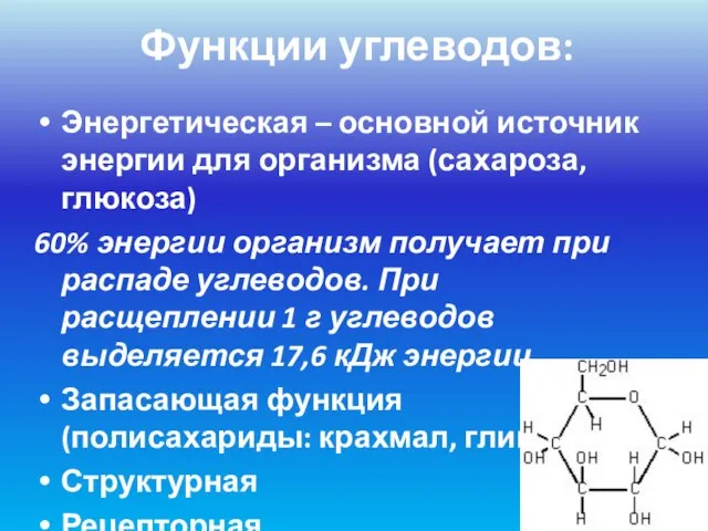 Функции углеводов: Энергетическая – основной источник энергии для организма (сахароза, глюкоза)