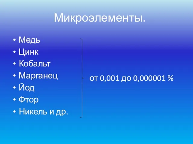 Микроэлементы. Медь Цинк Кобальт Марганец Йод Фтор Никель и др. от 0,001 до 0,000001 %