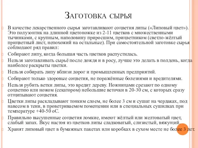 Заготовка сырья В качестве лекарственного сырья заготавливают соцветия липы («Липовый цвет»).