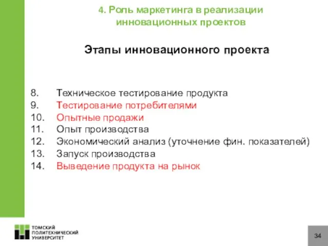 34 Этапы инновационного проекта 8. Техническое тестирование продукта 9. Тестирование потребителями