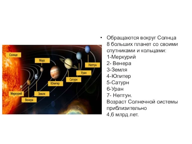 Обращаются вокруг Солнца 8 больших планет со своими спутниками и кольцами: